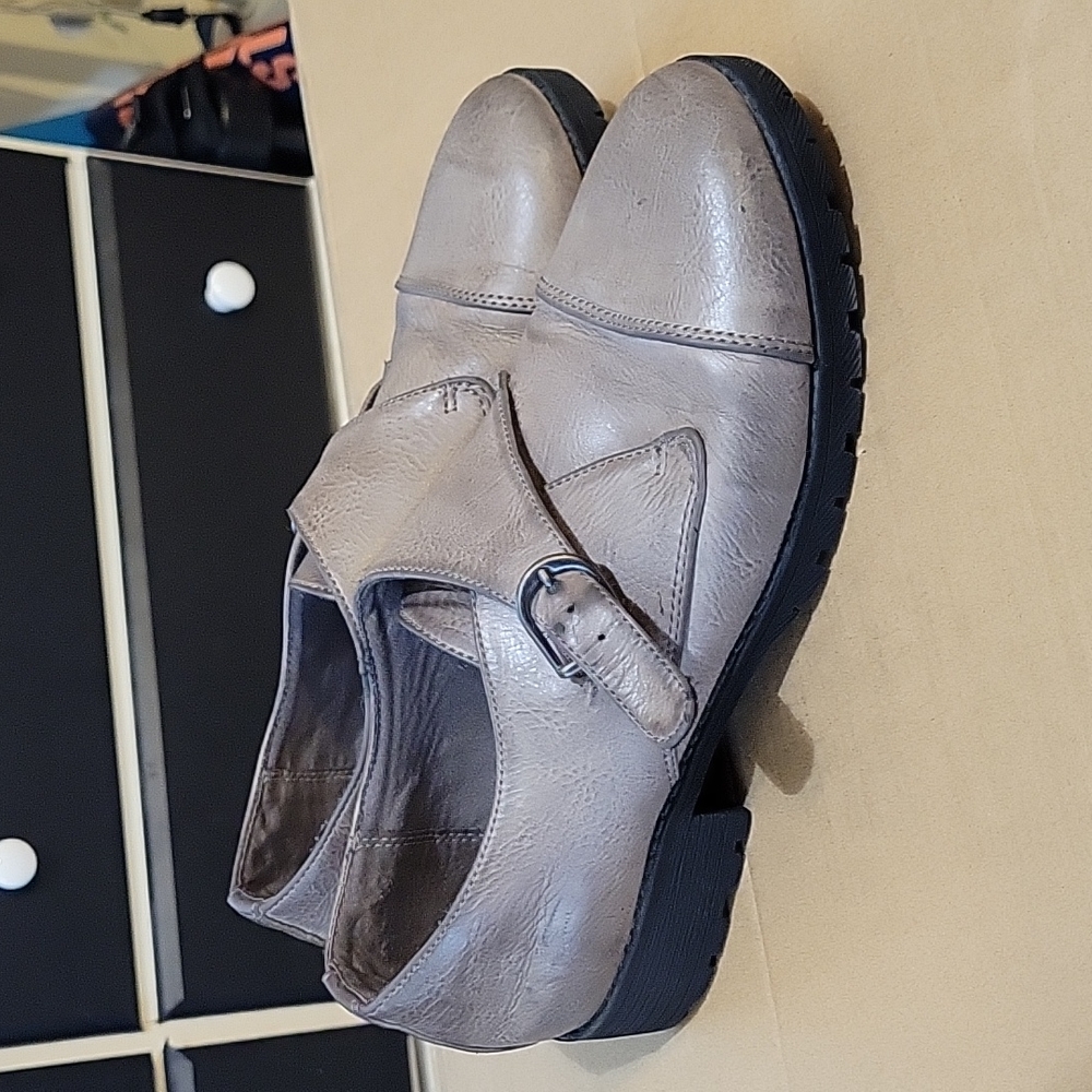 Gray buckle design, low heel, faux leather business casual heels